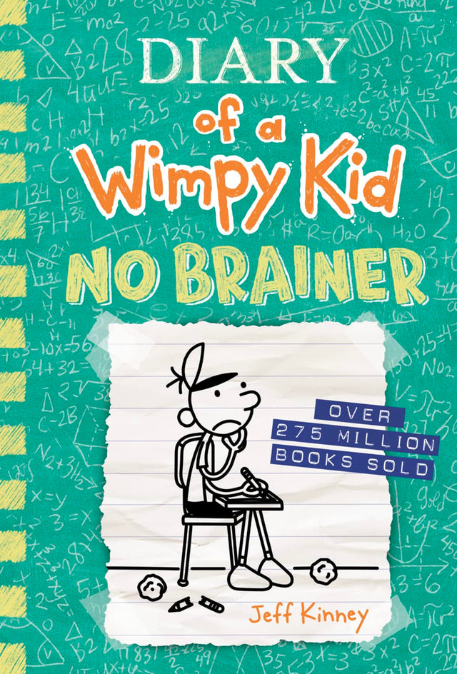 Diary of a Wimpy Kid #18: No Brainer book cover with cartoon Greg Heffley sitting at a desk thinking.