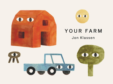 Your Farm board book cover with illustrated barn, sun, tree, stool, and blue truck, designed for young children.