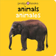 Animals / Animales English & Spanish book cover featuring a realistic elephant illustration on yellow background.