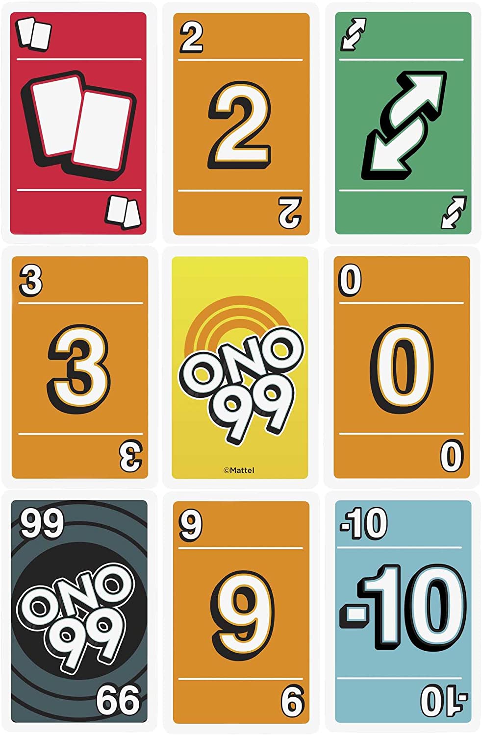 Ono 99 card game showing colorful number and action cards for fun family math gameplay.