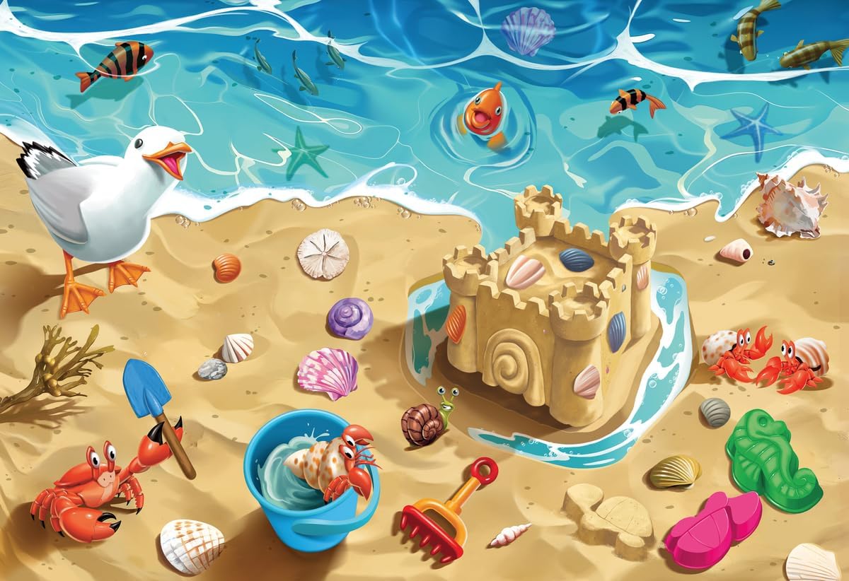 24pc Fun at the Beach Floor Puzzle showing colorful ocean life, sandcastle, seagull, crab, and beach toys on sandy shore.