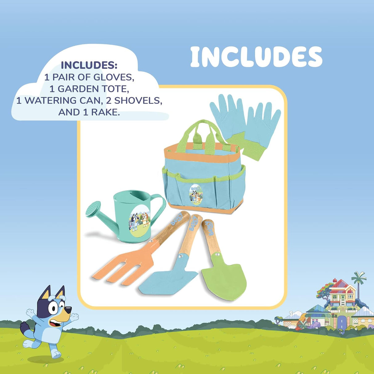 Bluey Garden Set with gloves, garden tote, watering can, two shovels, and a rake for kids gardening play.