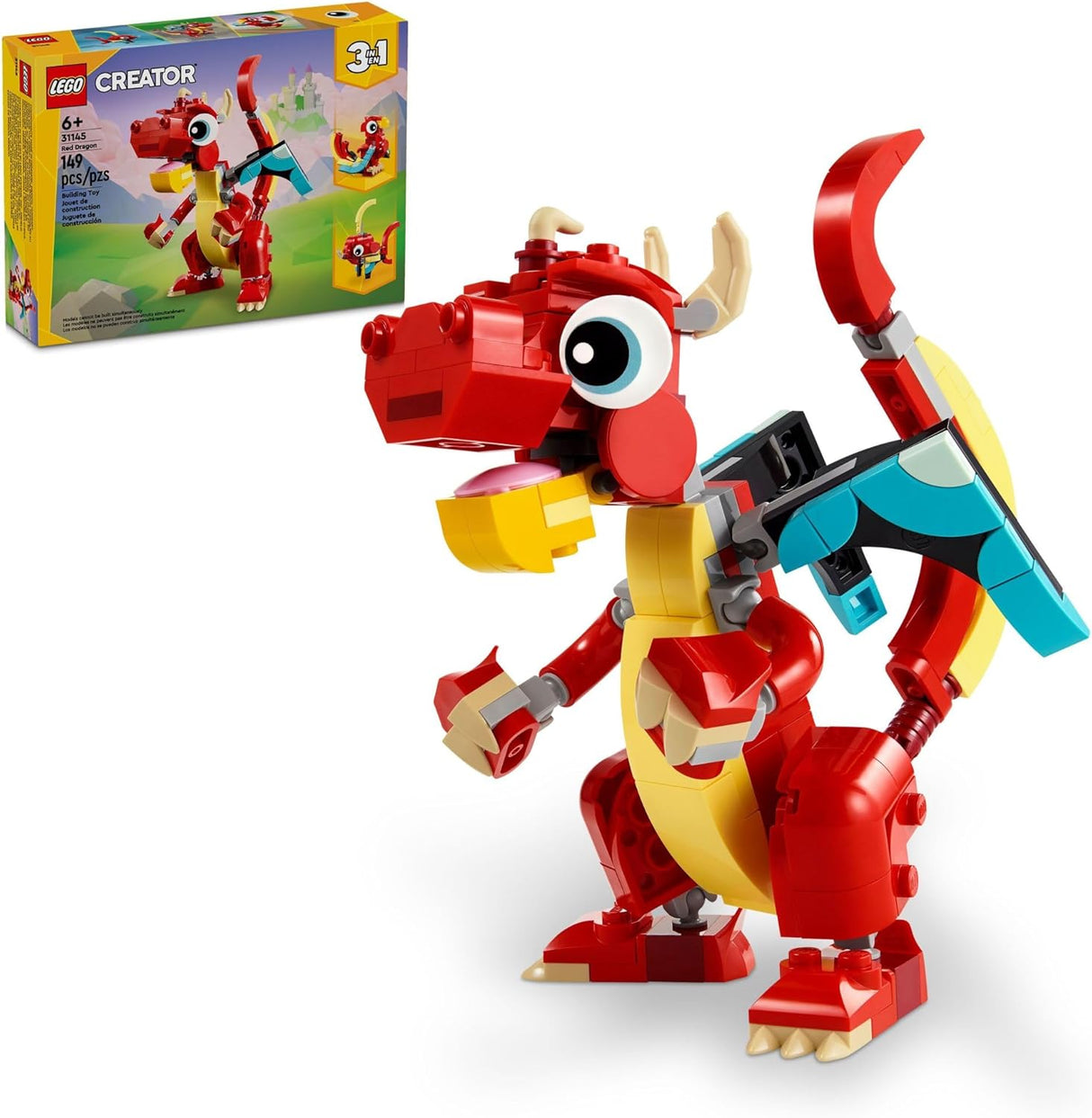 Red and yellow posable dragon toy built from blocks with big eyes and wings, next to its colorful packaging box