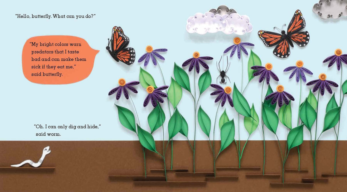 Just A Worm book page shows worm and butterfly among quilled purple flowers in a colorful garden scene.