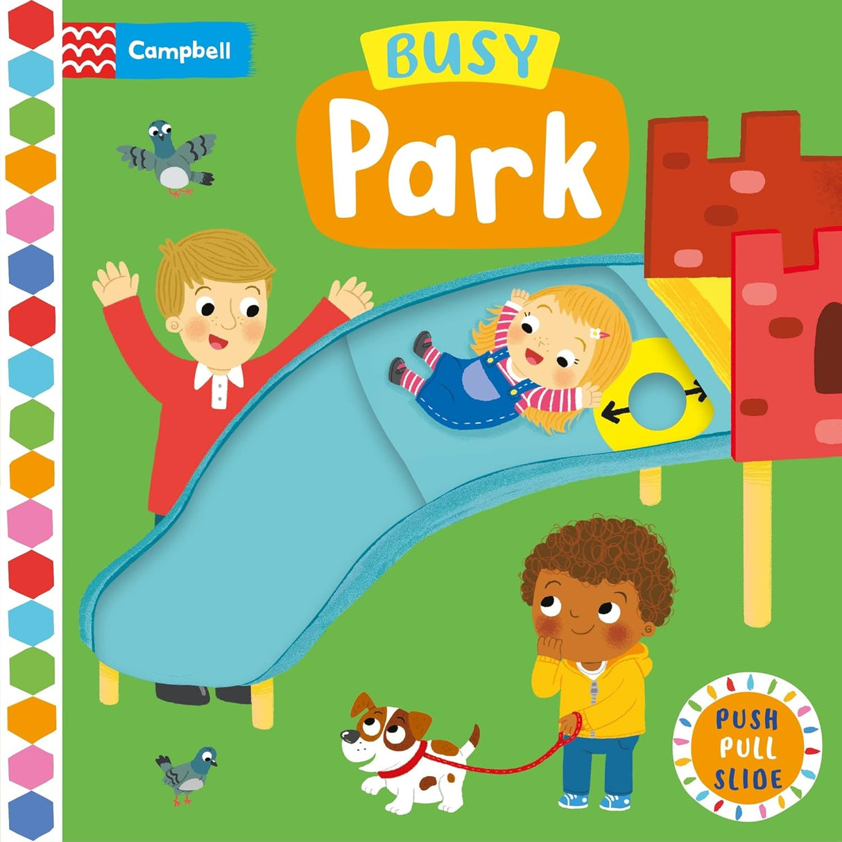 Busy Park Push/Pull/Slide board book cover with children playing on a slide and animals in a colorful park scene.