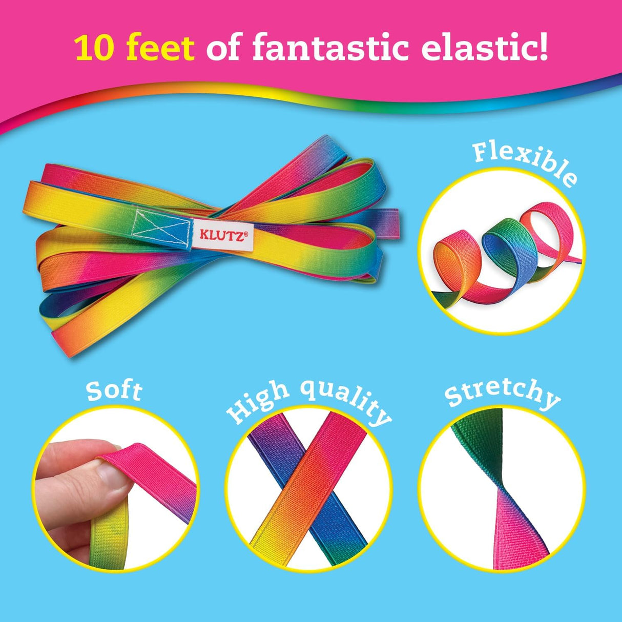 Jumpsies rainbow elastic rope showing flexibility, softness, high quality, and stretchiness for jump rope games.