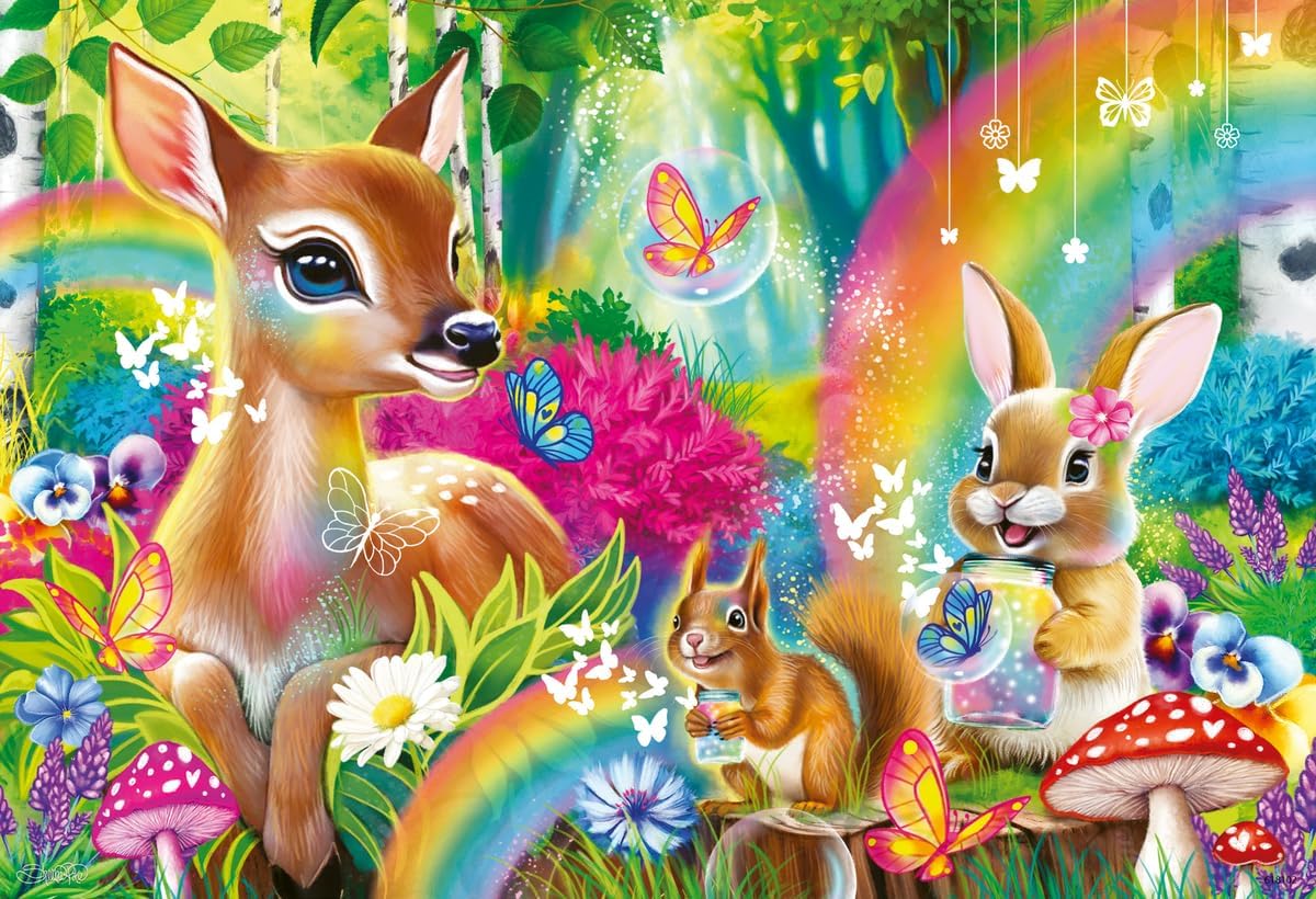 24pc Lovable Woodland Friends Puzzles featuring a colorful forest with a fawn, bunny, squirrel, and butterflies.