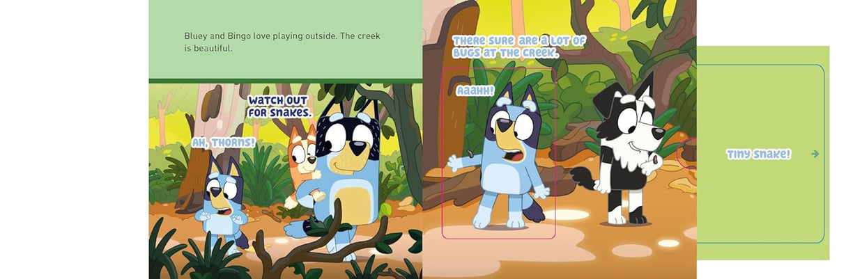 Bluey and Bingo's Book of Bugs showing interactive forest scenes with Bluey and Bingo exploring outdoors.