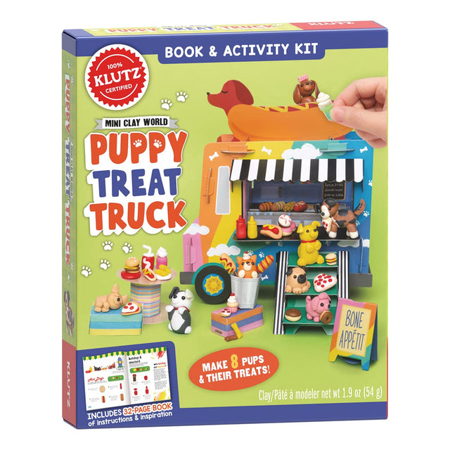 Mini Clay World Puppy Treat Truck DIY kit with clay puppies and dog treats in a colorful food truck scene.