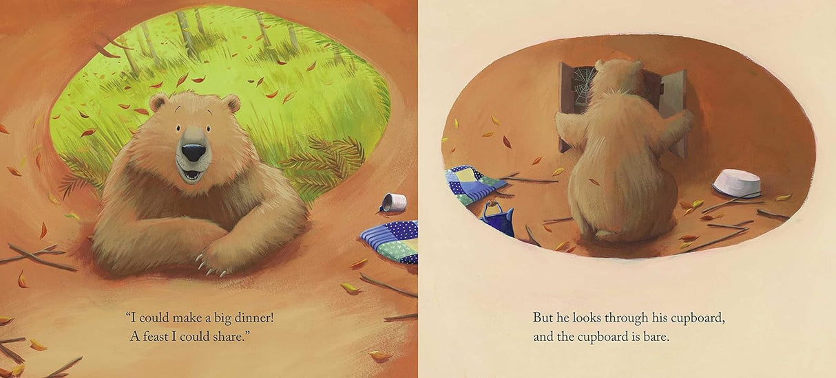 Bear Says Thanks book showing Bear planning a feast despite his empty cupboard in a playful illustrated scene.