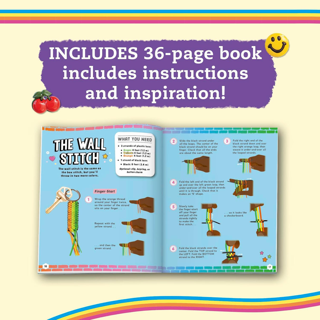 Lanyard Scoubidou & Boondoggle showing 36-page instruction book teaching the wall stitch braid technique.