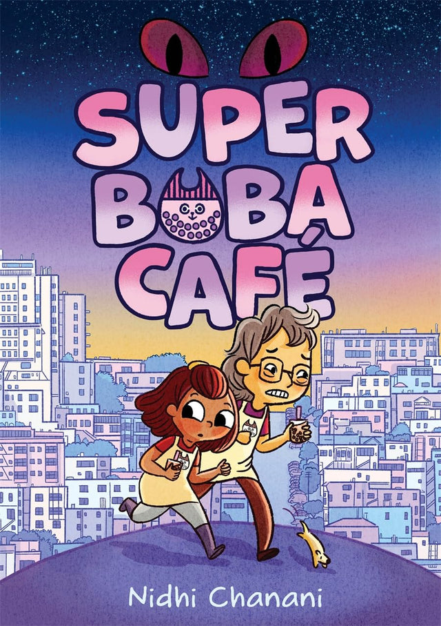 Cover of Super Boba Café graphic novel showing two characters with boba drinks against a cityscape at dusk.