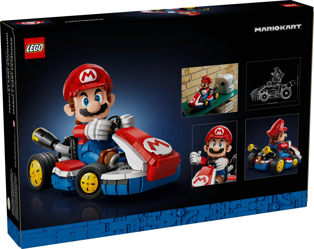 Mario Kart Mario & Standard Kart LEGO set featuring posable Mario figure and detailed racing kart with display stand.