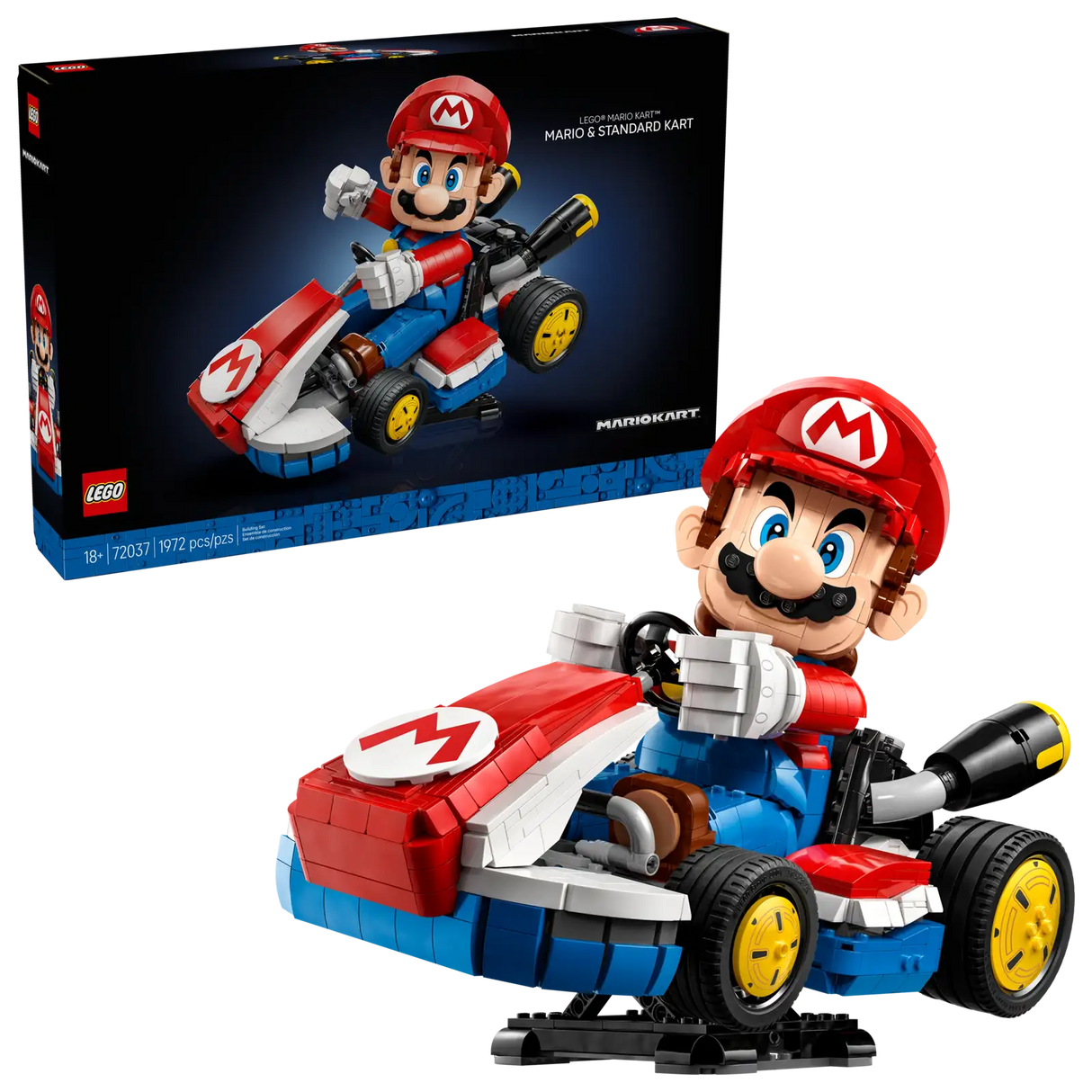 Mario Kart Mario & Standard Kart LEGO model with posable Mario figure and detailed racing kart on display stand.