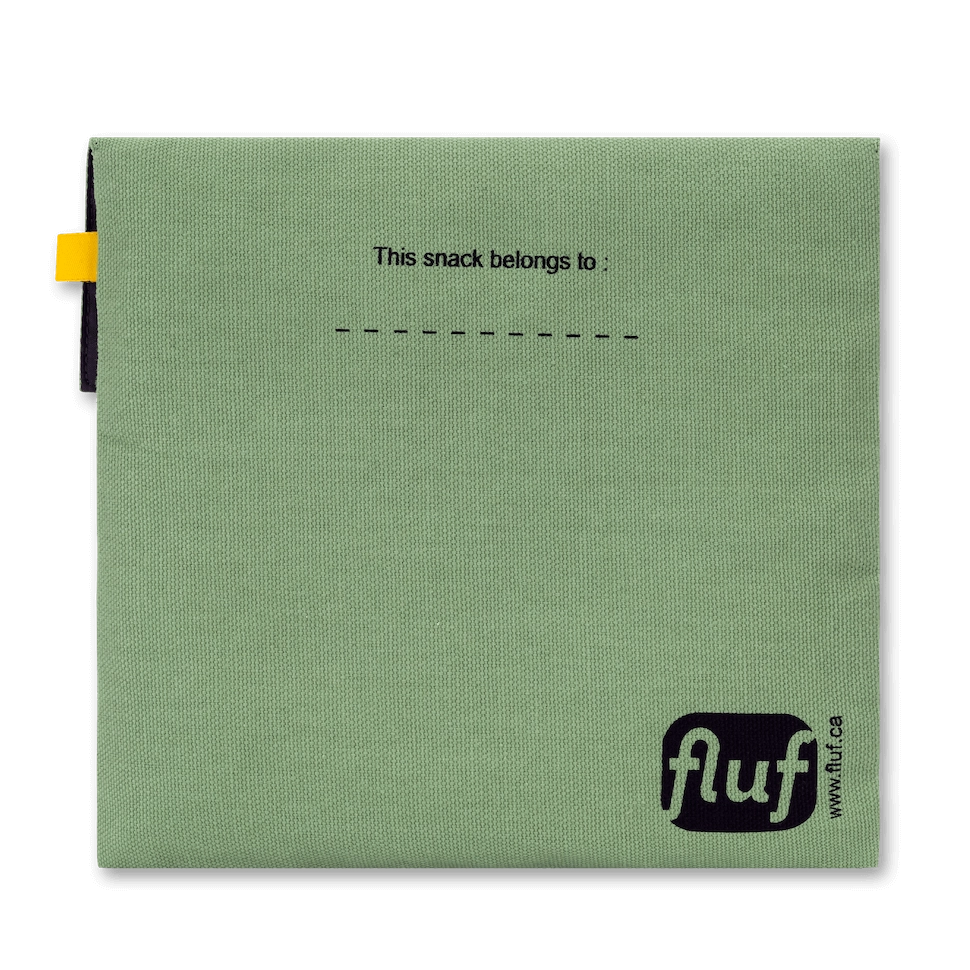 Reusable organic snack bag in moss green with writable name area and Velcro closure for easy use and cleaning