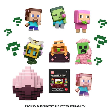Collection of Minecraft Mini Mode Spawn Egg figures in animated poses with themed capsules for play and display.