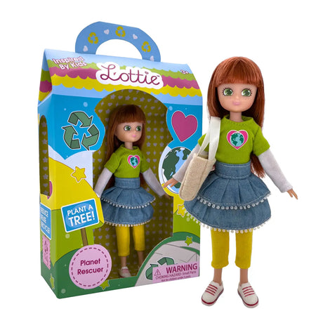 Lottie Planet Rescuer doll wearing green Earth shirt, denim skirt, yellow leggings, white sneakers, with cotton tote bag and leaflet.