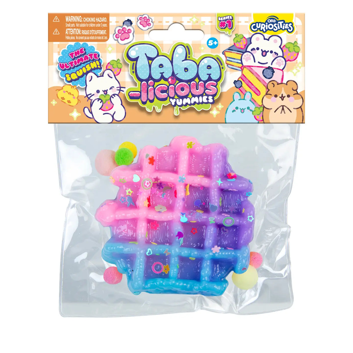 Taba-licious Mega Yummies Squishy colorful bakery-inspired soft silicone waffle with sprinkles in clear packaging
