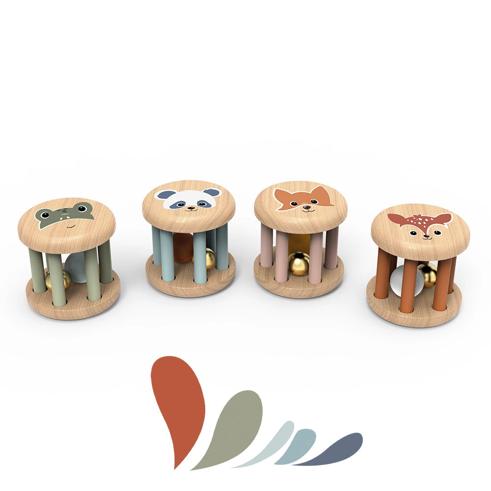 Set of four wooden roller rattles with animal faces and colorful bars, designed for sensory play and motor skill development.