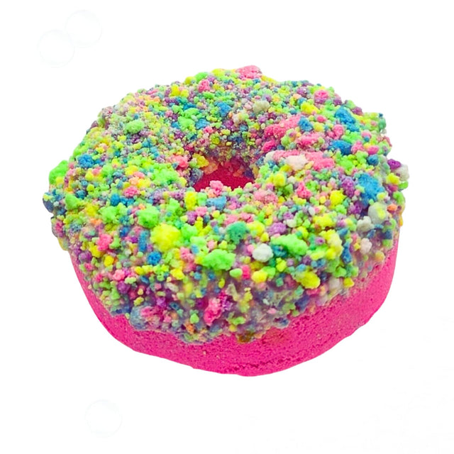 Donut Unicorn Bath Bomb with colorful, crumbly topping and vibrant pink base for a sweet and fruity bath experience.