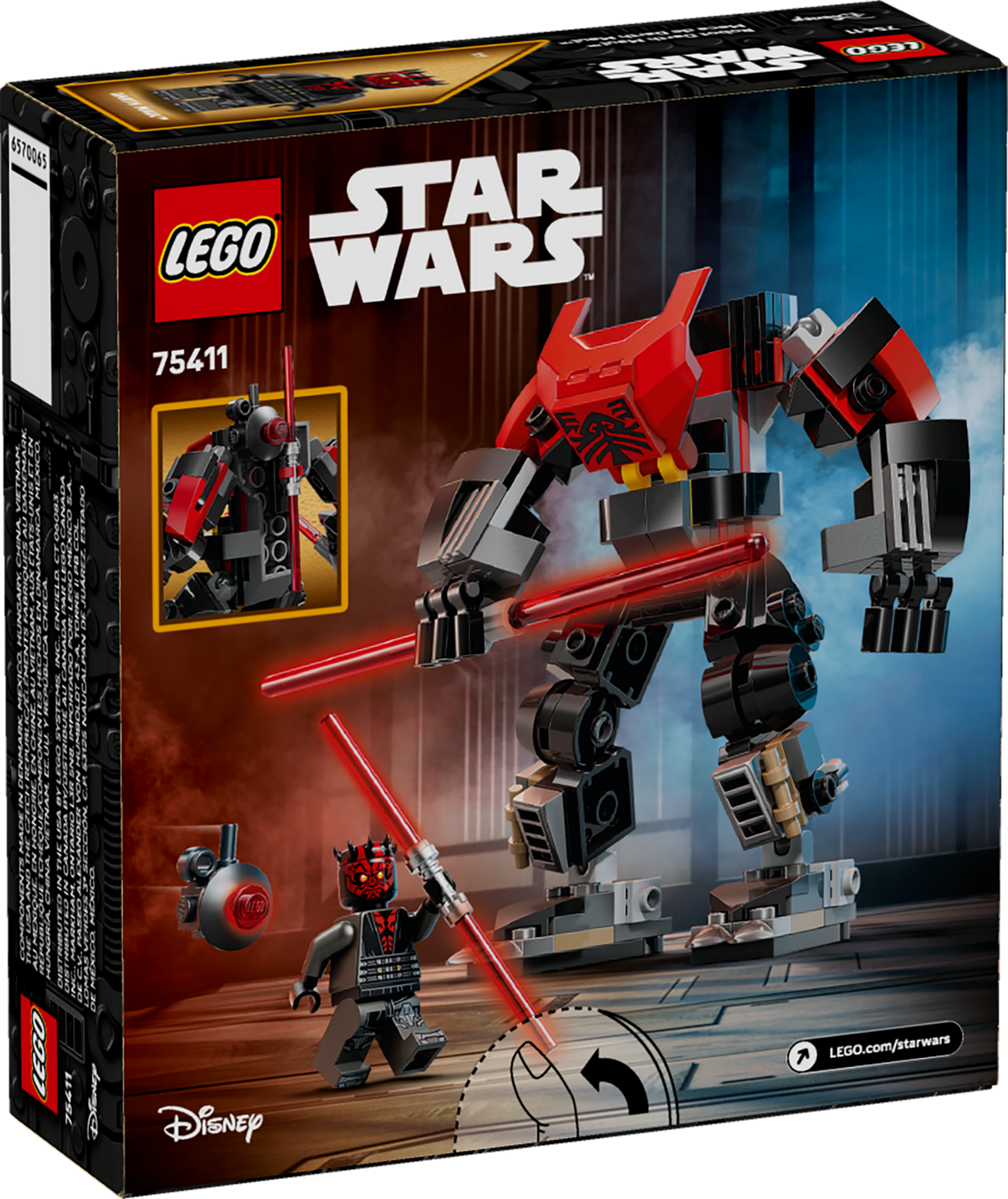 LEGO Star Wars Darth Maul Mech set with poseable battle suit, minifigure, double-bladed lightsabers, and Probe Droid accessory.