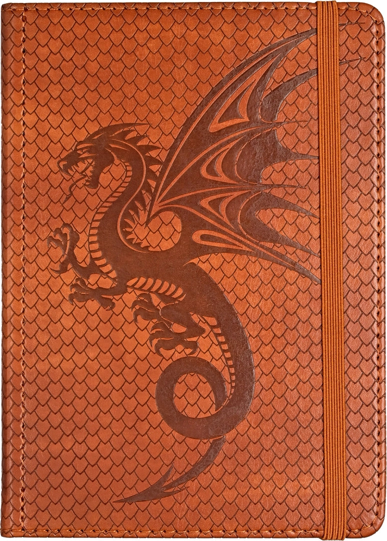 Brown vegan leather journal with embossed dragon and wing design, elastic closure, and stitched scale pattern cover