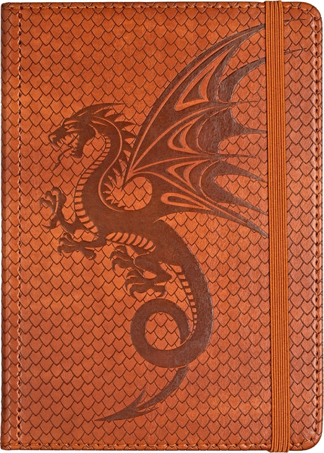 Brown vegan leather journal with embossed dragon and wing design, elastic closure, and stitched scale pattern cover