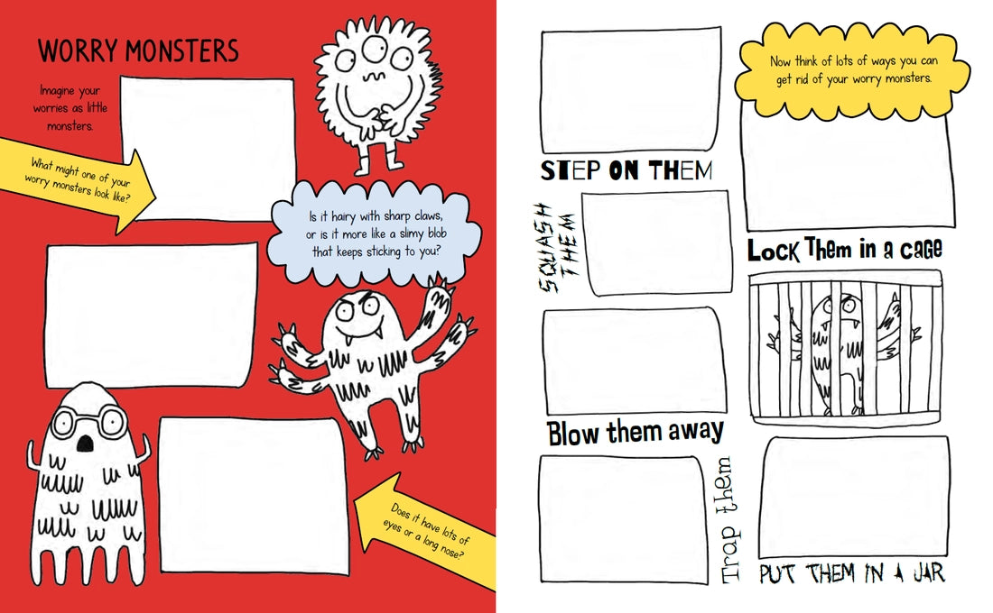 Two-page children's activity spread with worry monster drawings and prompts to manage and imagine worries creatively