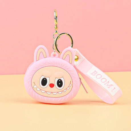 Labubu Head Coin Purse in pink with a cheerful face and keychain strap, perfect for carrying coins securely.