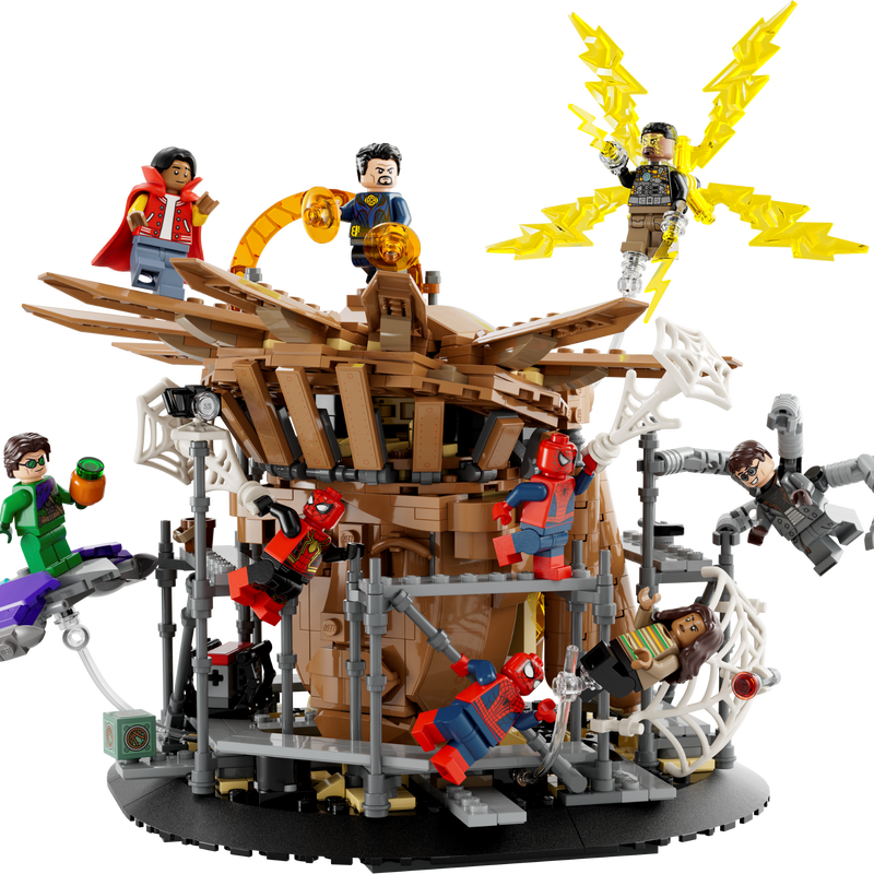 LEGO Marvel Spider-Man final battle playset with multiple Spider-Man minifigures and iconic villains in action scene