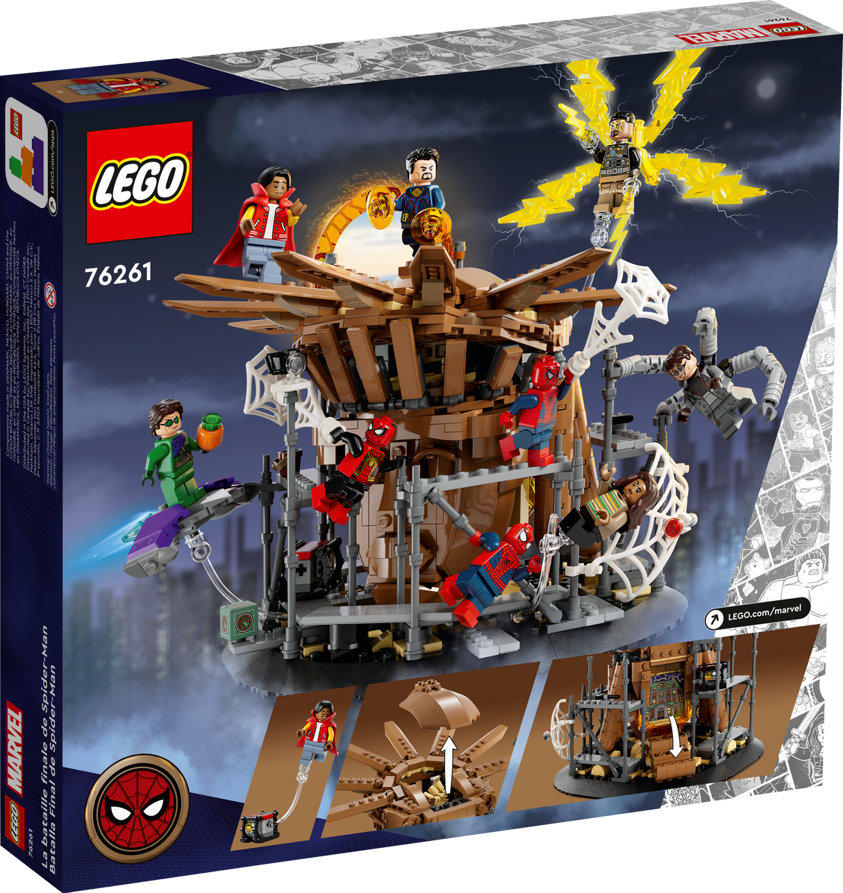 LEGO Marvel Spider-Man Final Battle set with multiple minifigures and web-slinging action around a hand structure.