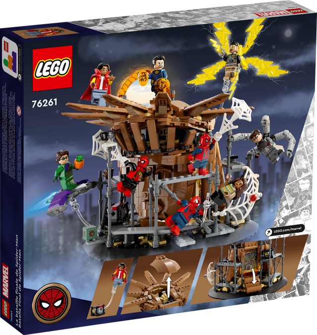 LEGO Marvel Spider-Man Final Battle set with multiple minifigures and web-slinging action around a hand structure.