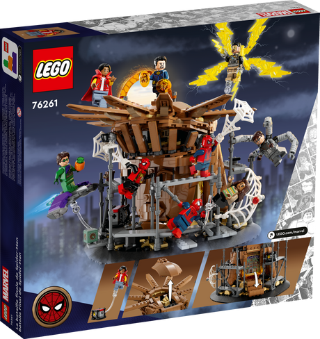 LEGO Marvel Spider-Man Final Battle set with multiple minifigures and web-slinging action around a hand structure.