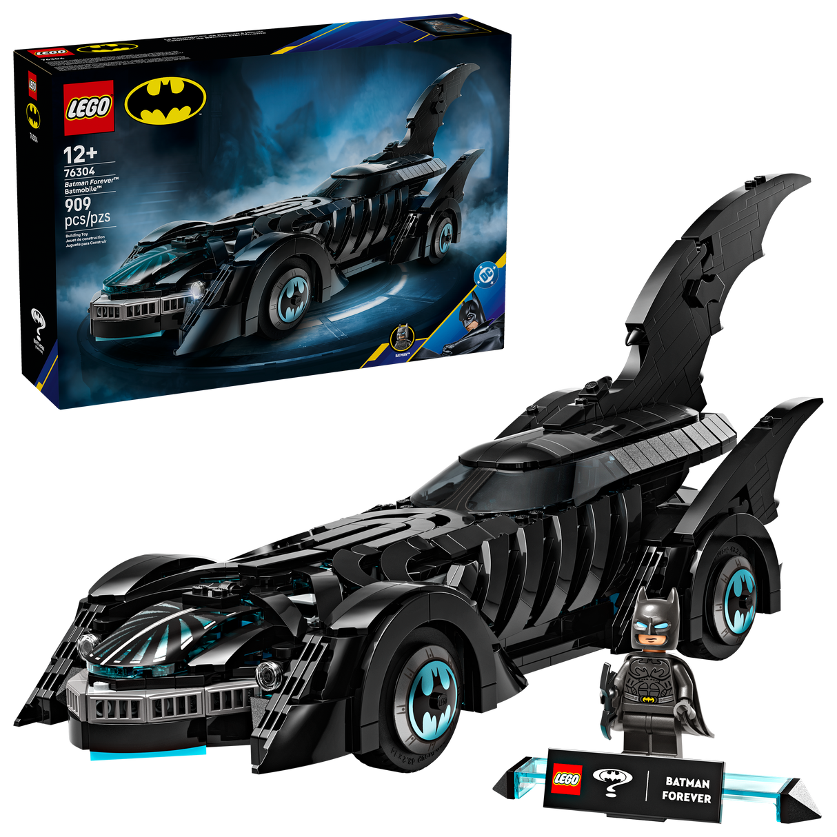 Super Heroes DC Batman Forever Batmobile LEGO set with detailed Batmobile model and Batman minifigure, 909 pieces.