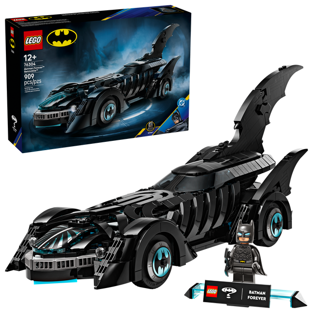 Super Heroes DC Batman Forever Batmobile LEGO set with detailed Batmobile model and Batman minifigure, 909 pieces.