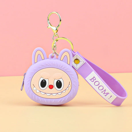 Labubu Head Coin Purse in purple with cute face and ears, attached to a "BOOM!" keychain wrist strap.