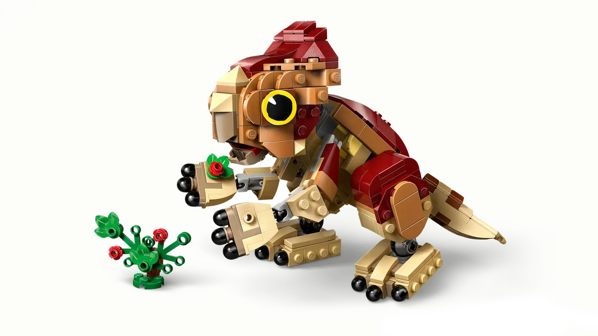 LEGO Jurassic Baby Dinosaur Dolores: Aquilops with movable head, limbs, tail, and buildable plant with flowers.