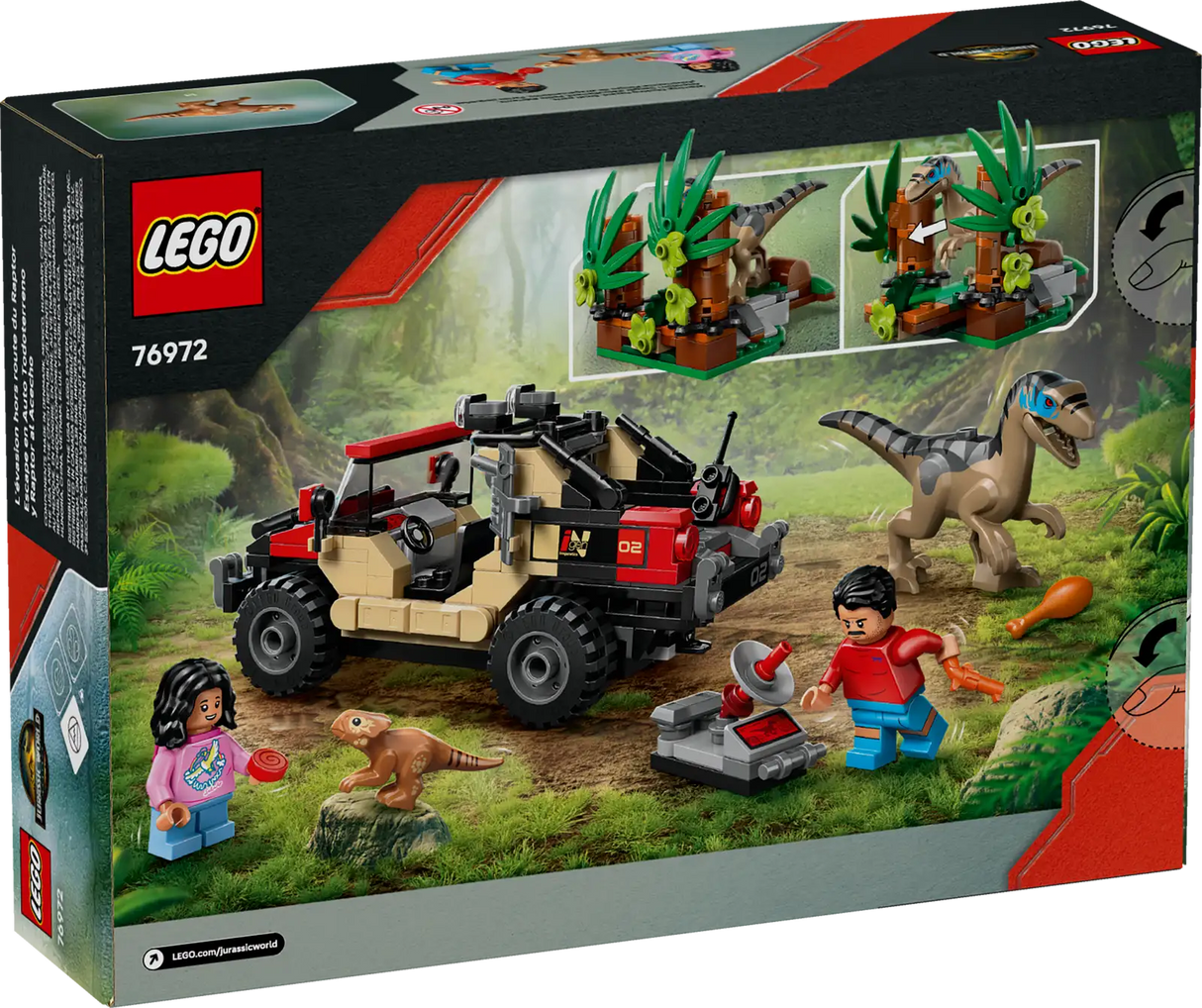 LEGO Jurassic Raptor Off-Road Escape set with vehicle, velociraptor, minifigures, and dinosaur play accessories.