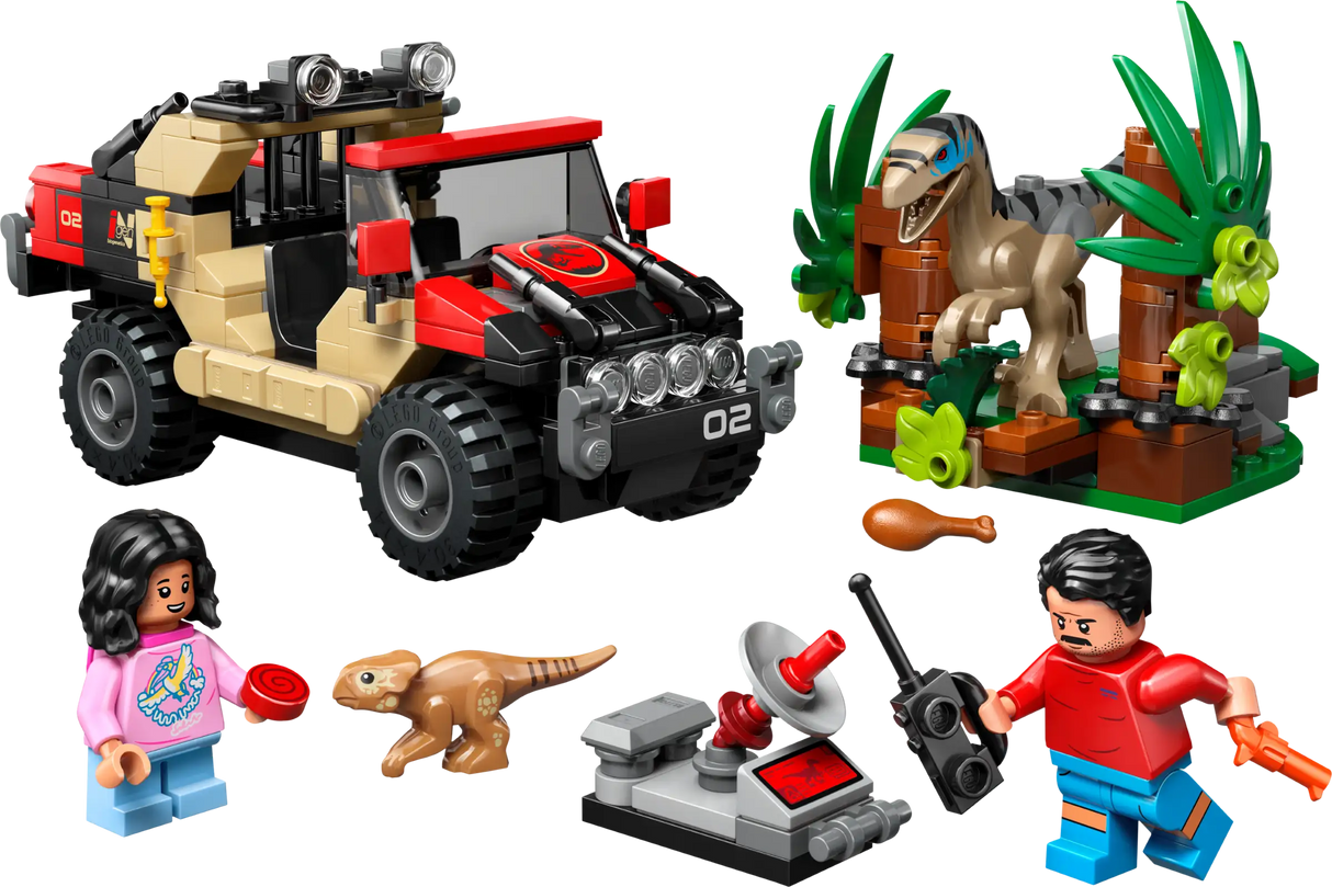 Jurassic Raptor Off-Road Escape LEGO set with off-road vehicle, Velociraptor, minifigures, and dinosaur play accessories.