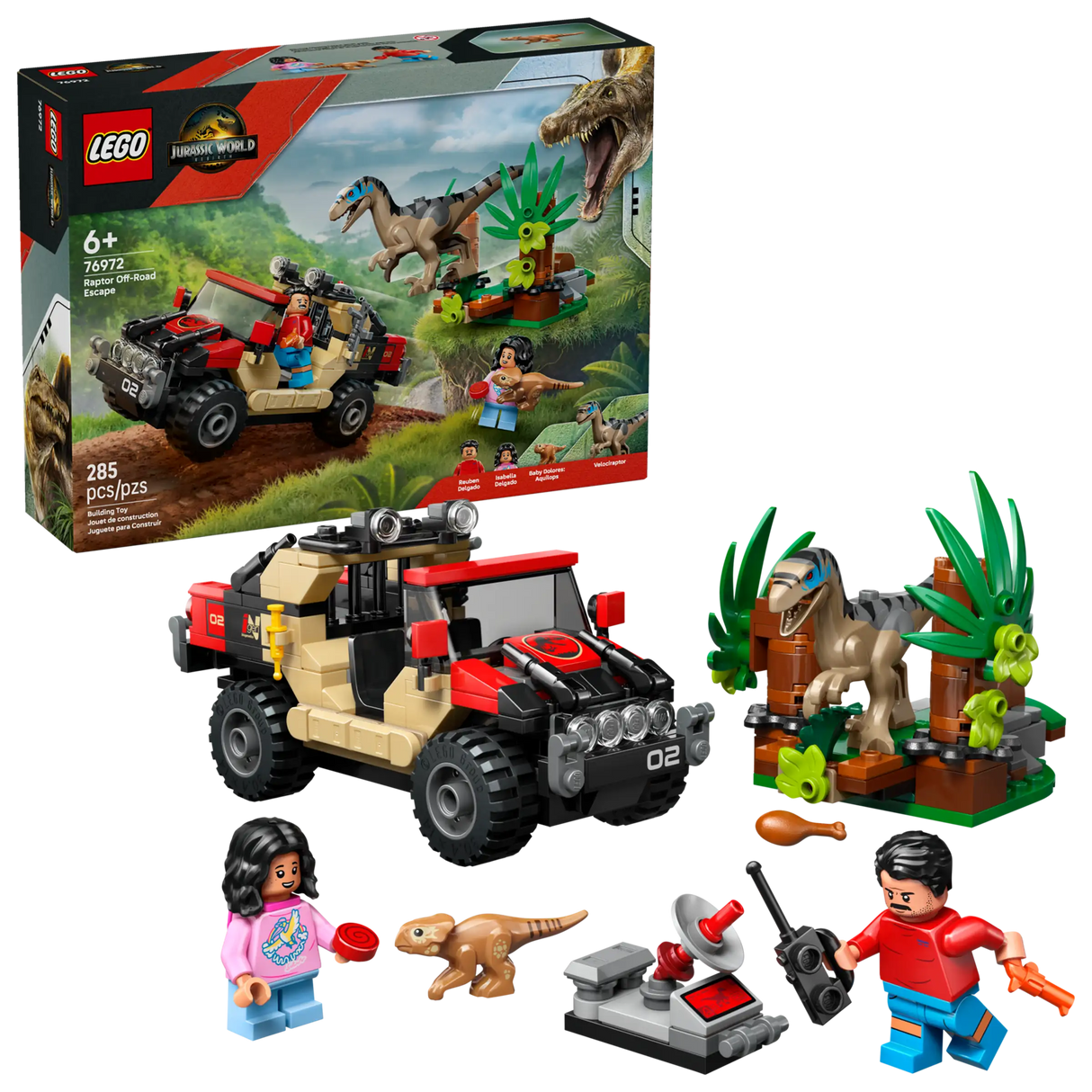 LEGO Jurassic Raptor Off-Road Escape set with off-road vehicle, Velociraptor, Baby Dolores, and Reuben and Isabella minifigures.
