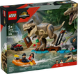 LEGO Jurassic T. Rex River Escape playset with movable T. rex, boat, ATV, and minifigures Teresa Delgado and Xavier Dobbs.