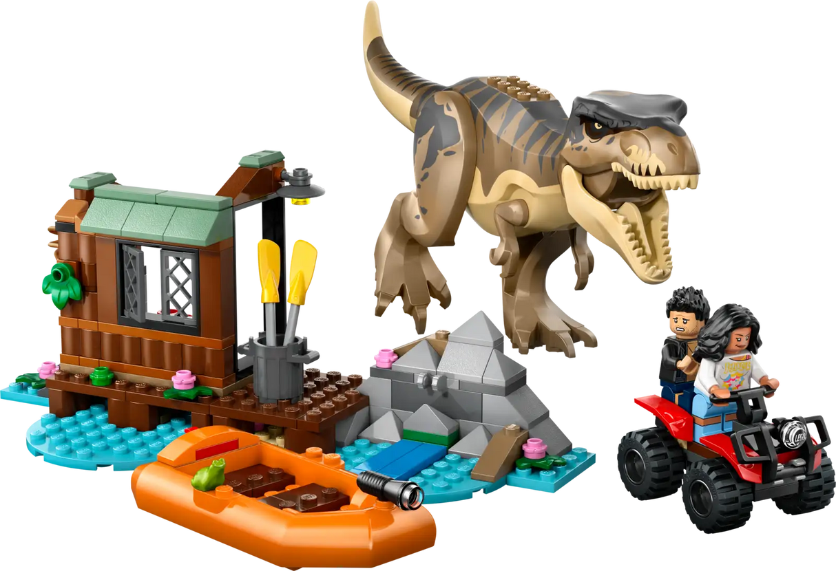 Jurassic T. Rex River Escape LEGO set with T. rex, minifigures, shed, boat, ATV, and river scene for kids 5+ years.