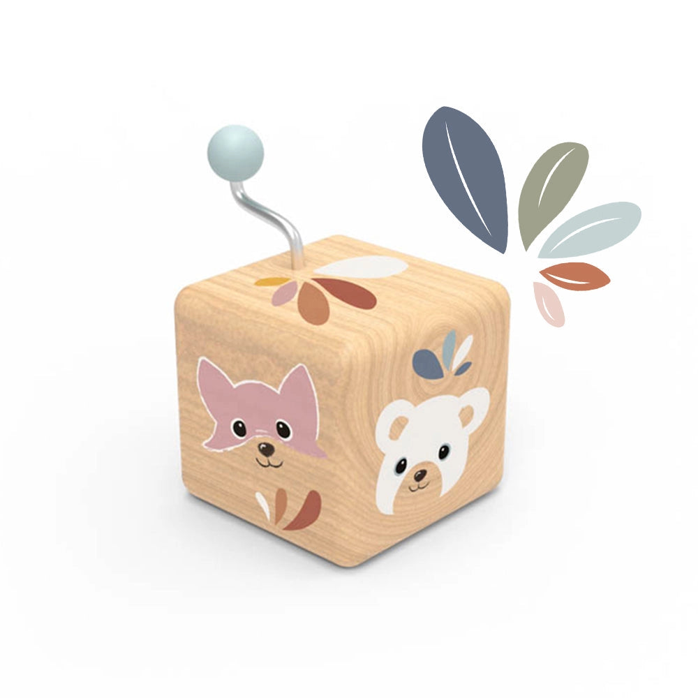 Wooden music box with animal faces and floral designs, featuring a blue crank handle for soothing melodies and gentle movement.