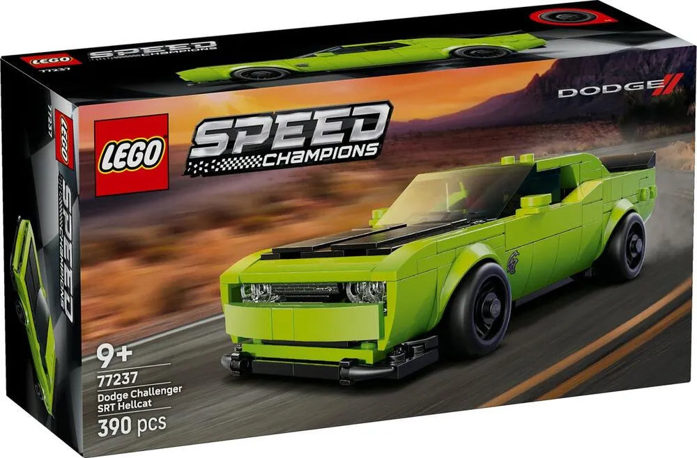 LEGO Speed Dodge Challenger SRT Hellcat model in bright green with driver minifigure racing on a road background.