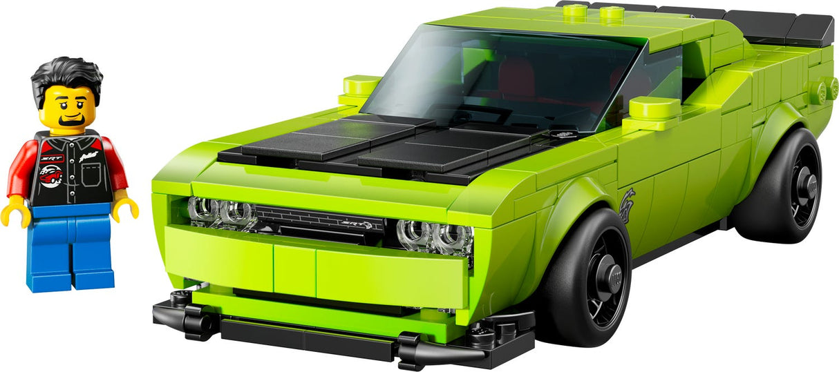 Speed Dodge Challenger SRT Hellcat LEGO model in lime green with driver minifigure and detailed muscle car features.