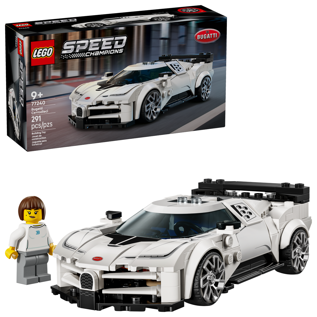 LEGO Speed Bugatti Centodieci model with detailed hyper sports car design and minifigure for kids aged 9 and up.