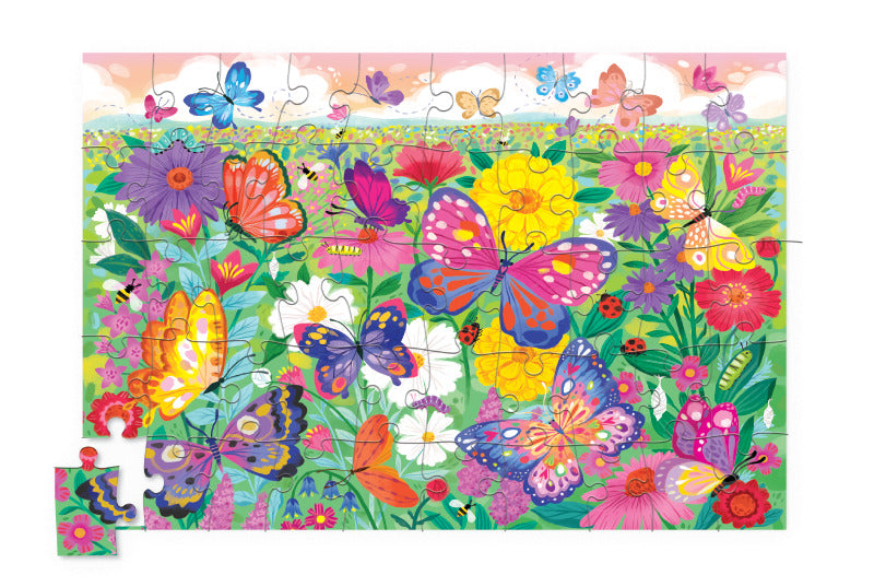 50pc Butterfly Garden Holographic Puzzle featuring colorful butterflies and flowers in a vibrant garden scene.