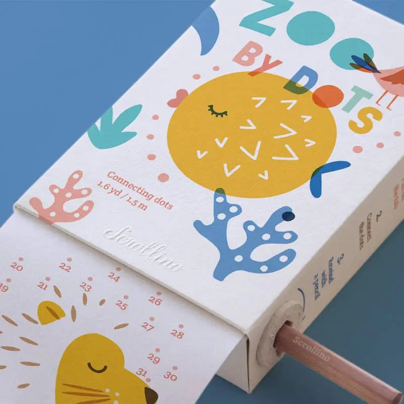 Scrollino Coloring Book & Dot to Dot | Zoo with connecting dots activity scroll and natural wood pencil included.