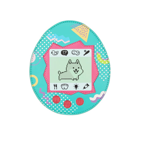 Handbag | Virtual Pet Friend Dog in teal with retro pixel dog design and adjustable strap, inspired by Tamagotchi pets.