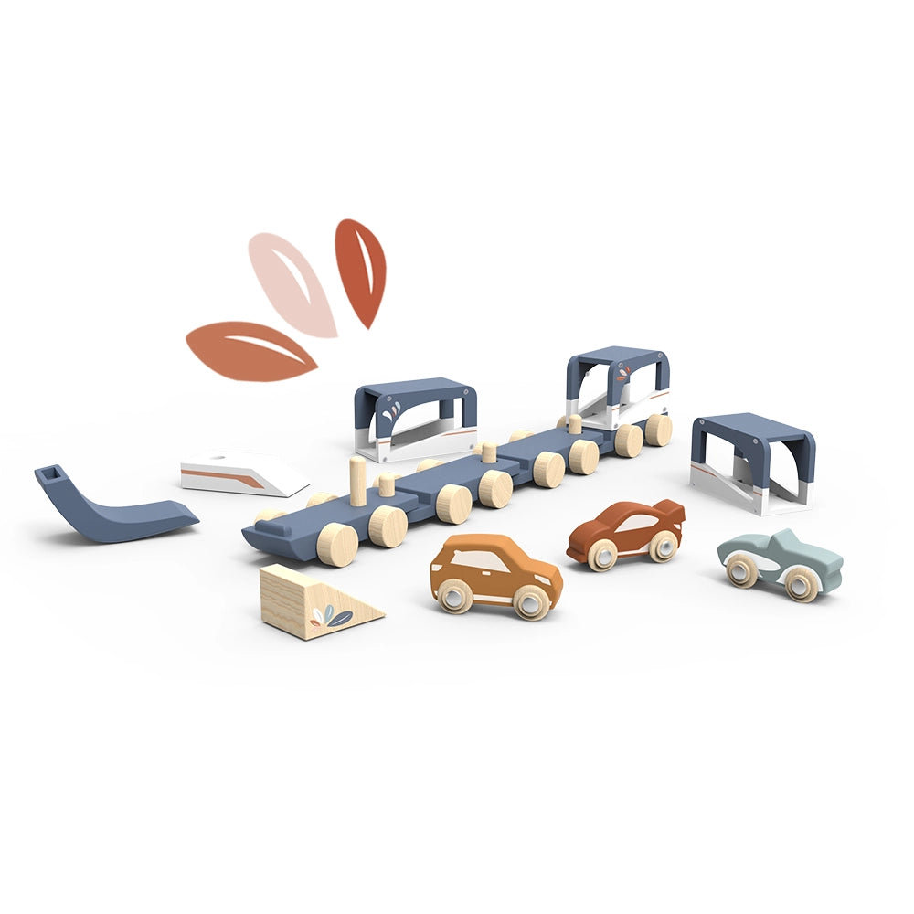 Wooden train vehicle carrier toy with colorful cars designed for toddlers to develop motor skills and creativity
